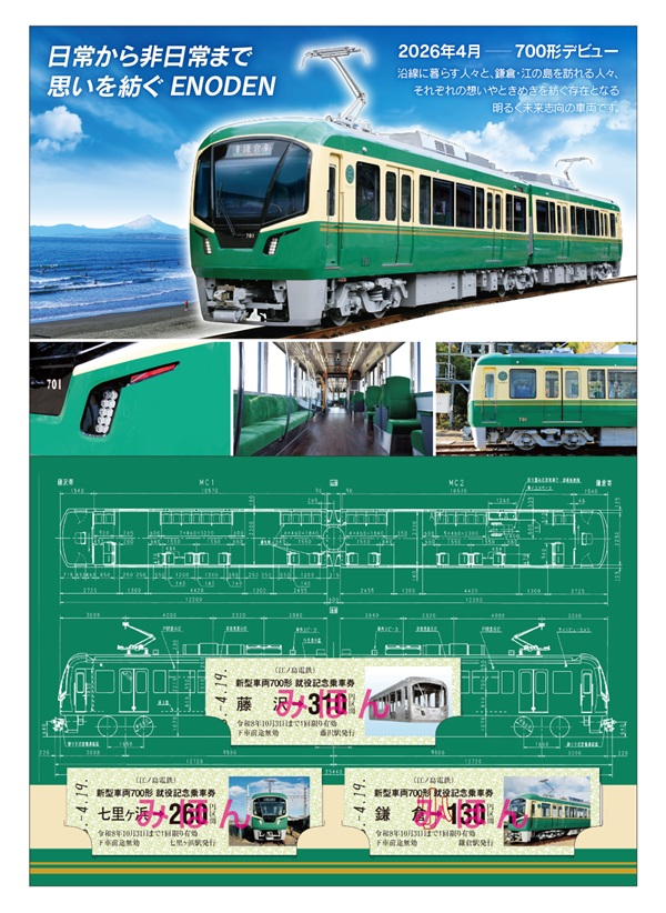 【江ノ電】新型車両の魅力が感じられる硬券3枚セット！「新型車両700形 就役記念乗車券」発売！